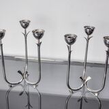 Pair of art deco stainless steel 3-flame candlesticks, Spain, 1970