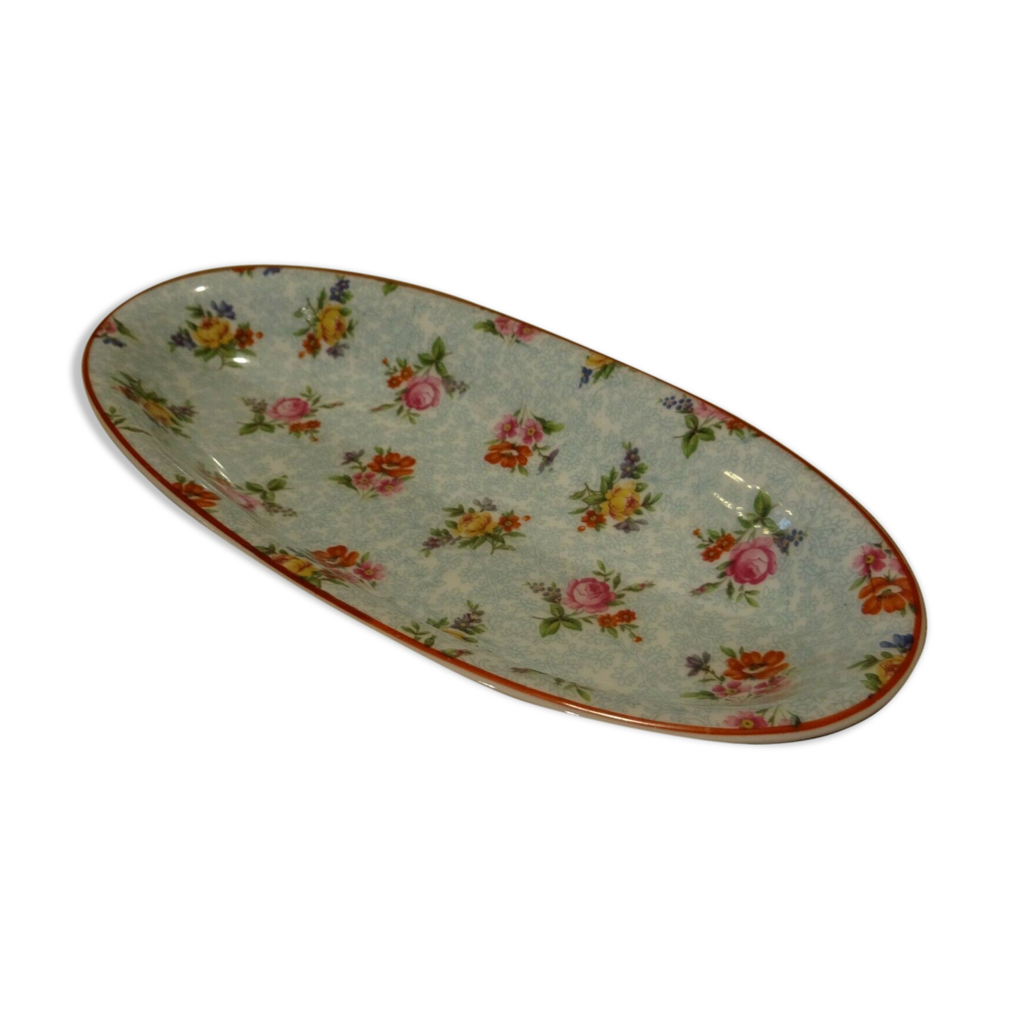 Large oval hollow dish ravier porcelain Limoges décor shabby flowers chic