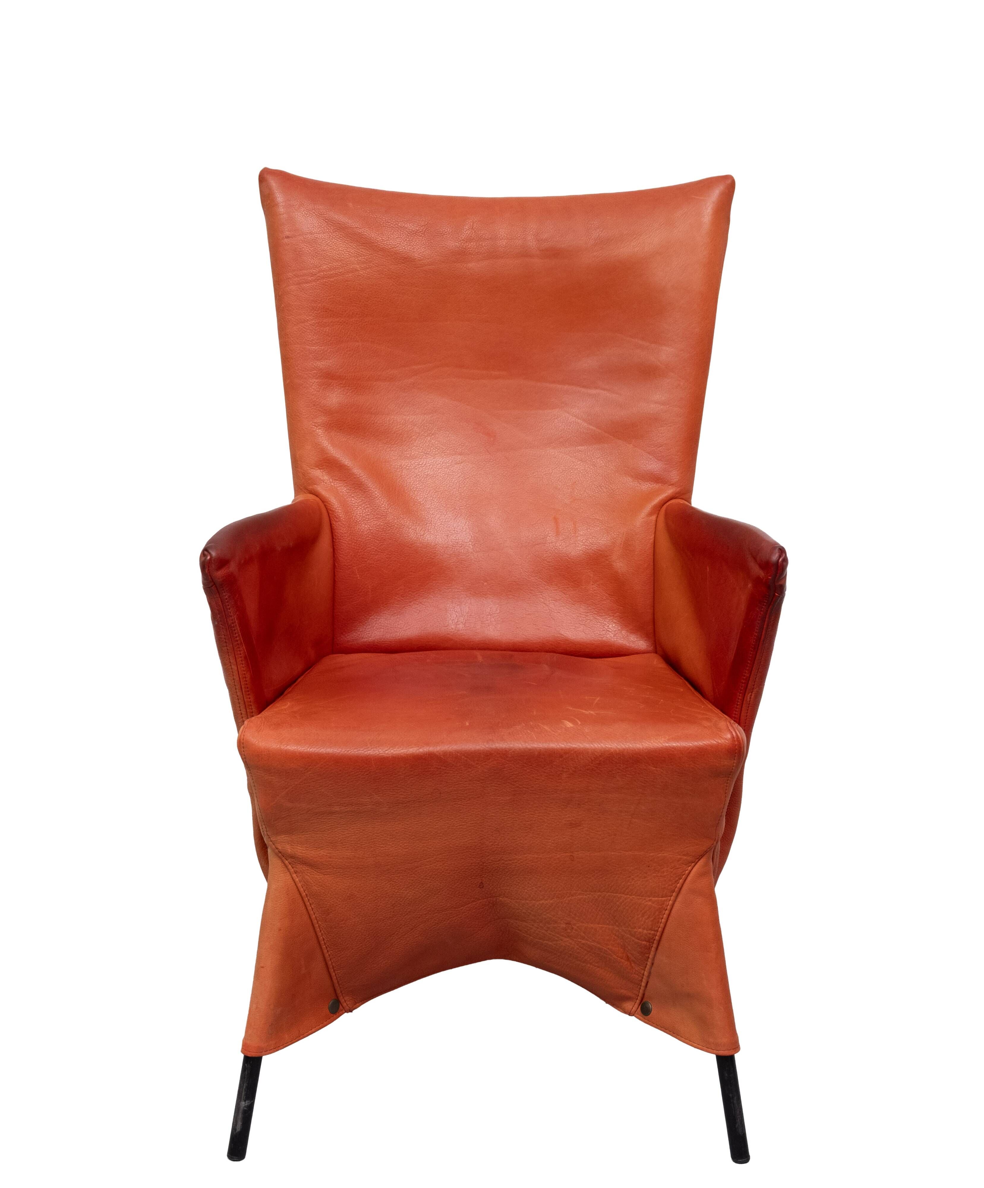 Gerard van der Berg Orange Leather Skirt Arm Chair 1980s