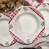6 Digoin Sarreguemines Niger model soup plates with floral pattern and red/white checks