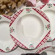 6 Digoin Sarreguemines Niger model soup plates with floral pattern and red/white checks
