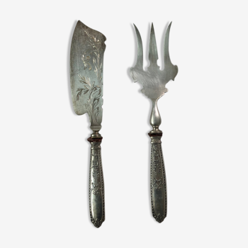 Argenterie française 2 pièces fourchette et couteau à gigot - métal argenté gravé