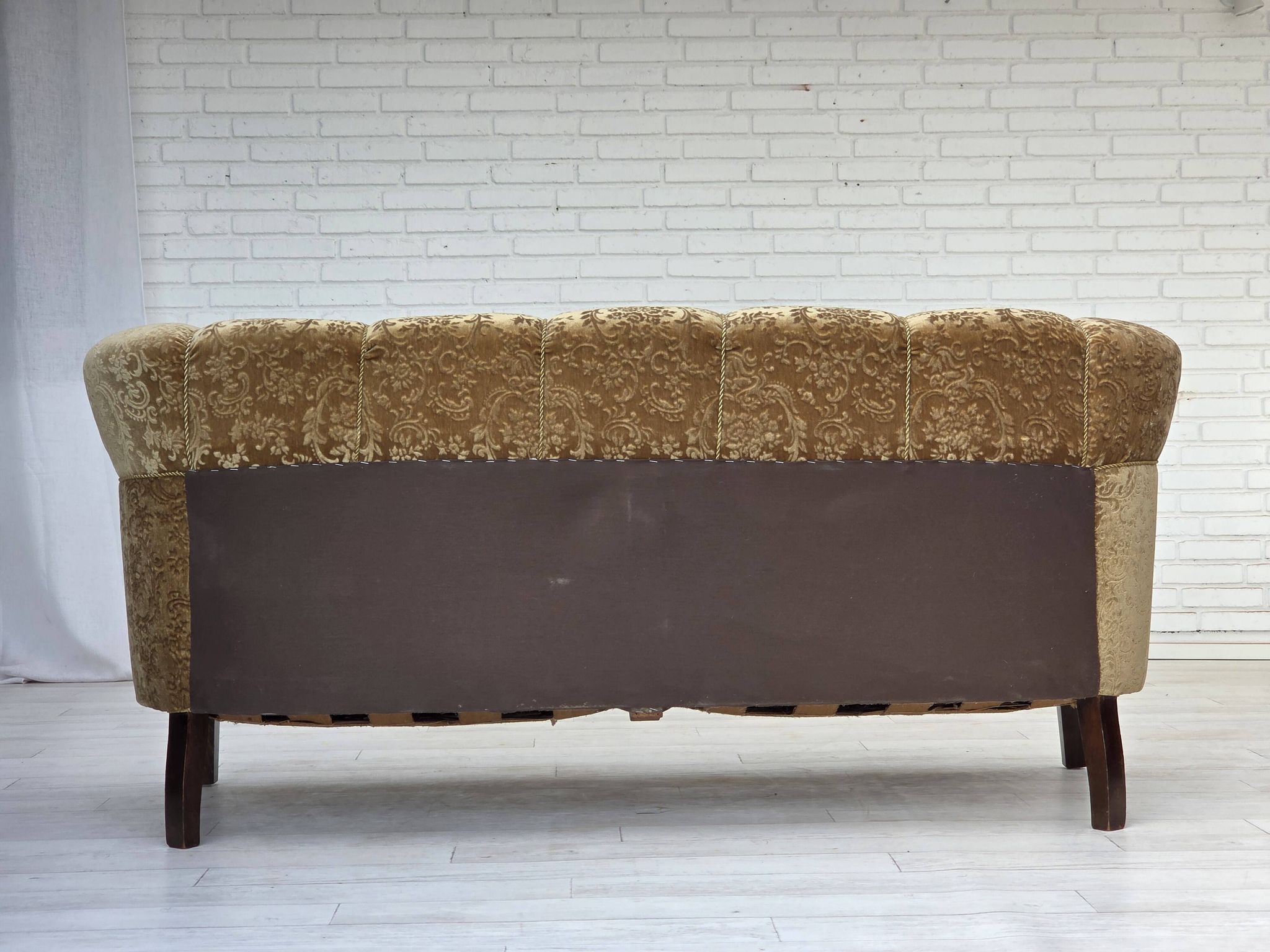 1960s, 3-seater Danish sofa, green furniture velour, ash wood legs.