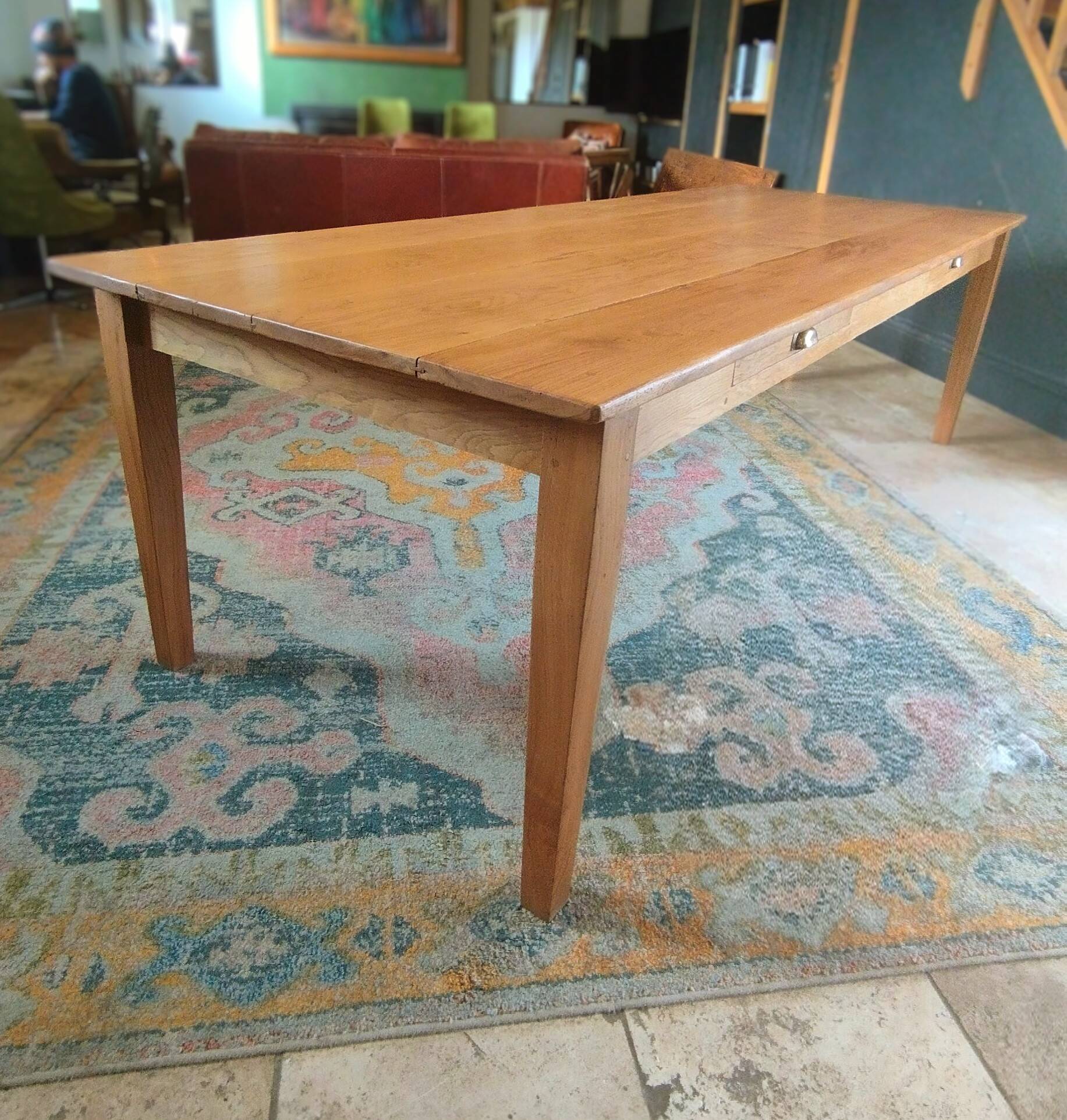 Solid oak farmhouse table, gilded and patinated, two drawers, 260 x 100 cm