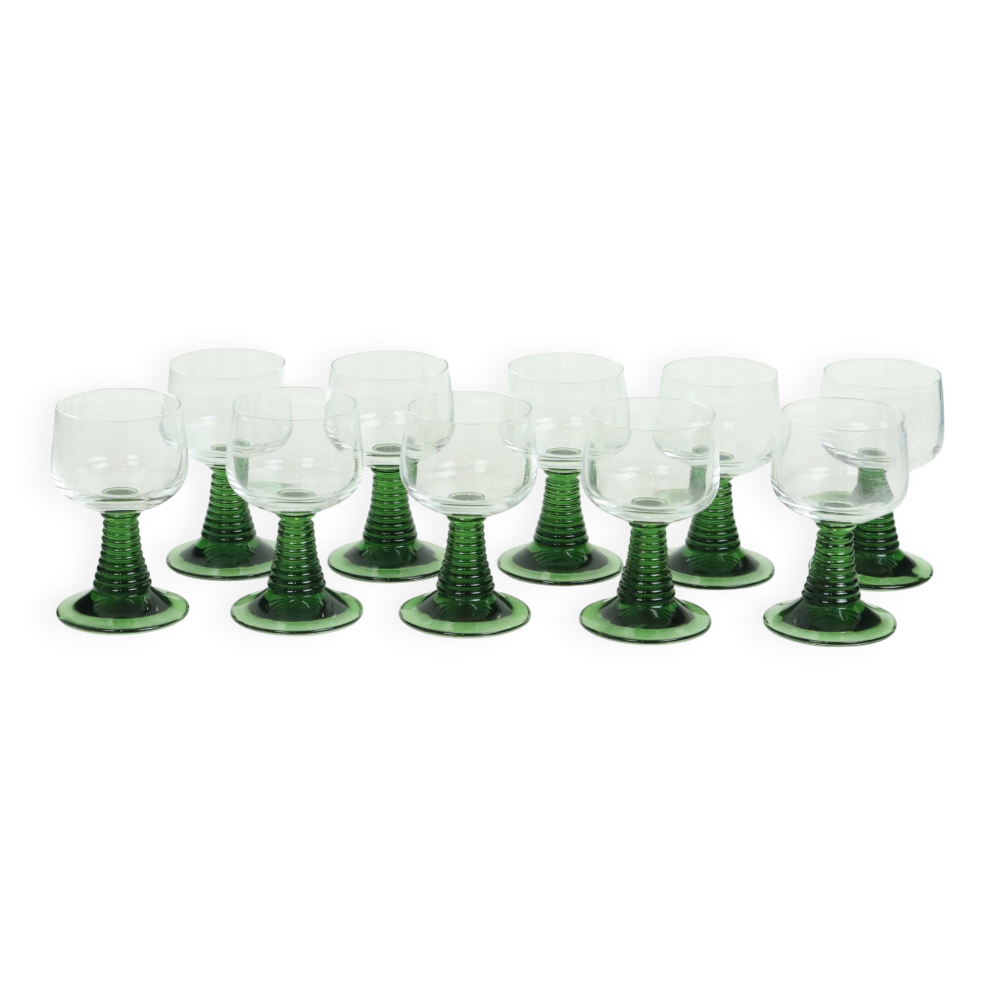 Set of 10 Vintage Roemer Wine Glasses Green Ribbed Foot