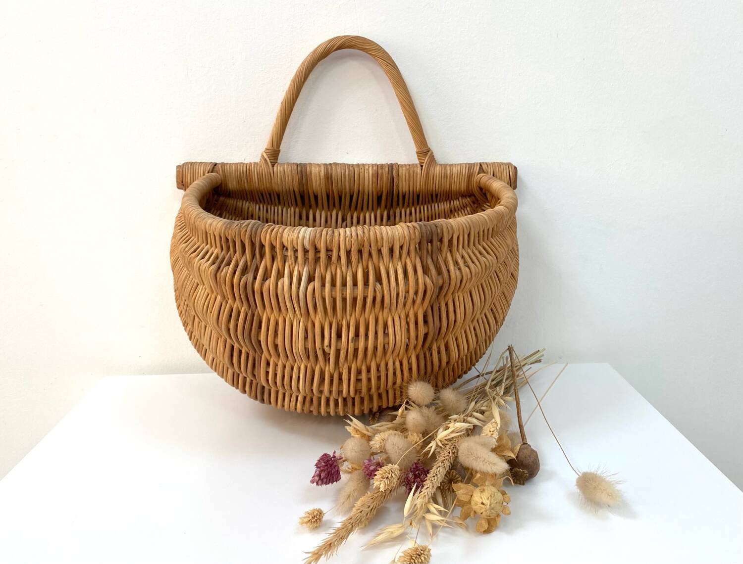 Large hanging wicker rattan basket - 1970s