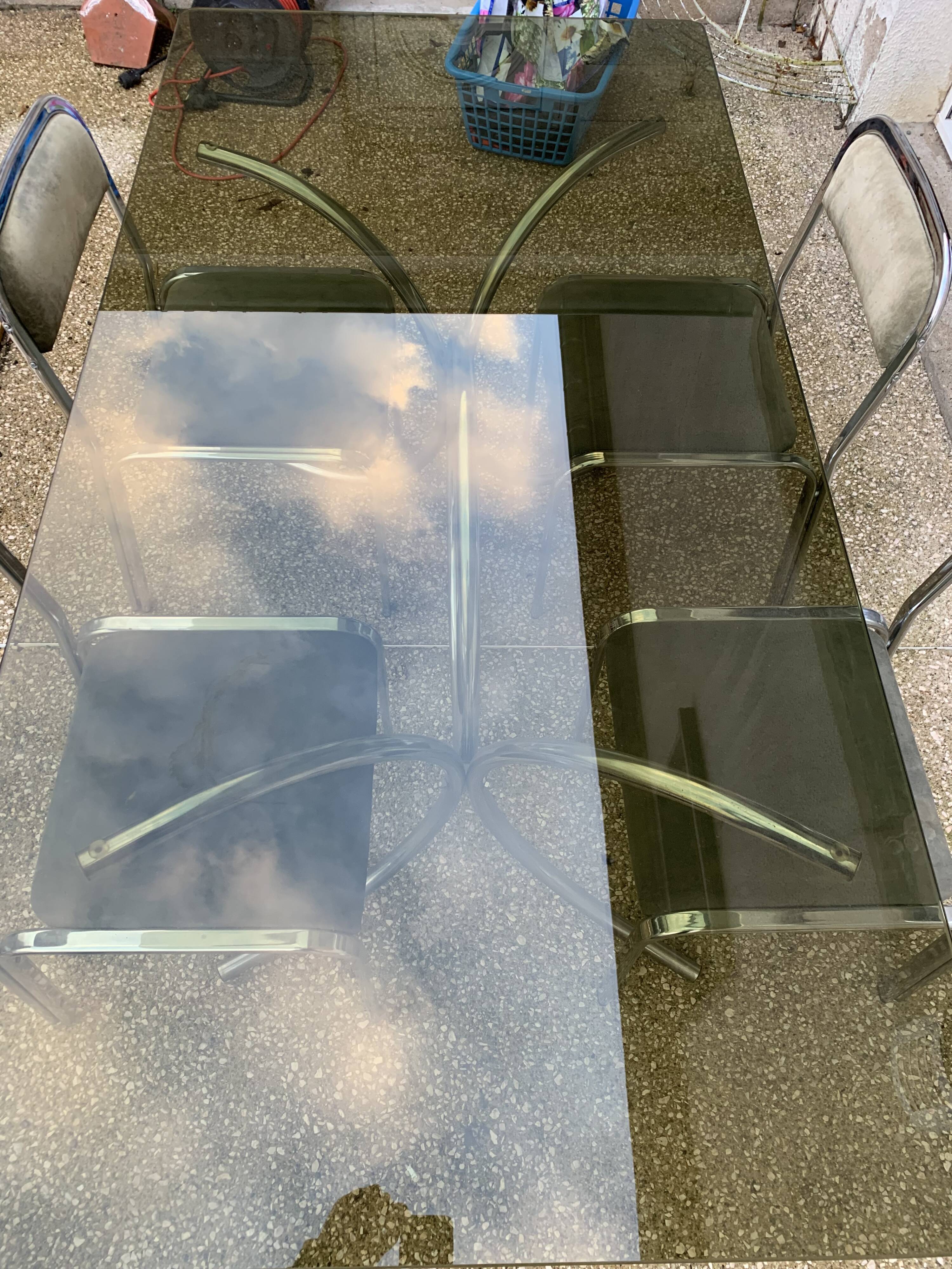 Vintage table, glass top, chrome base + 4 chairs