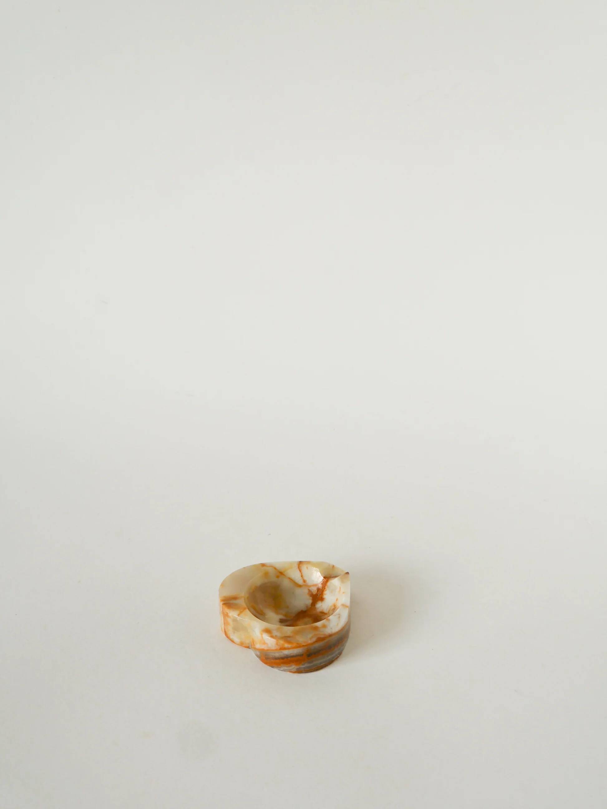 Alabaster catchall, heart shape, beige and brown, 1970.