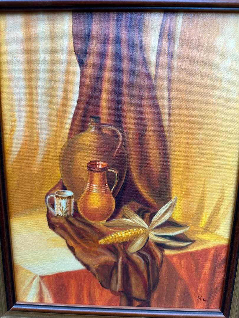 Still life tableau, monogrammed NL 37x45 cm, wood & gold frame, 1970.
