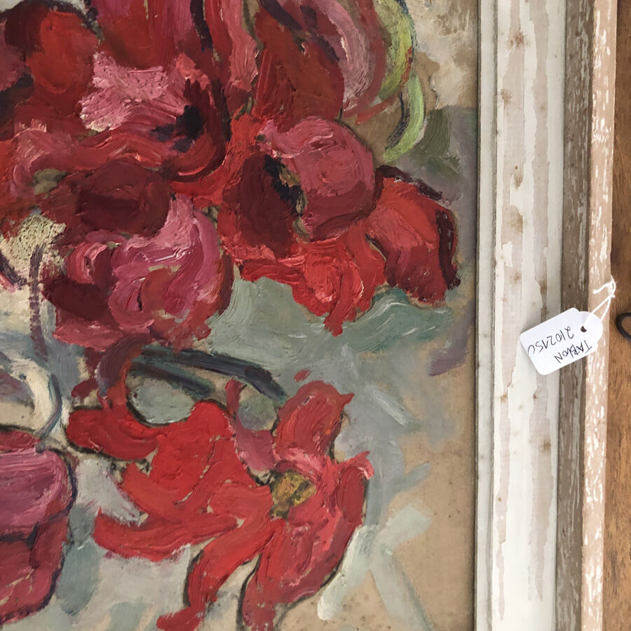 Table oil, still life, curly tulips