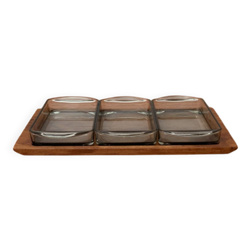 Mid-Century Danish Tray in Teak with Cabaret Glass Trays from Holmegaard, 1960s, Set of 4