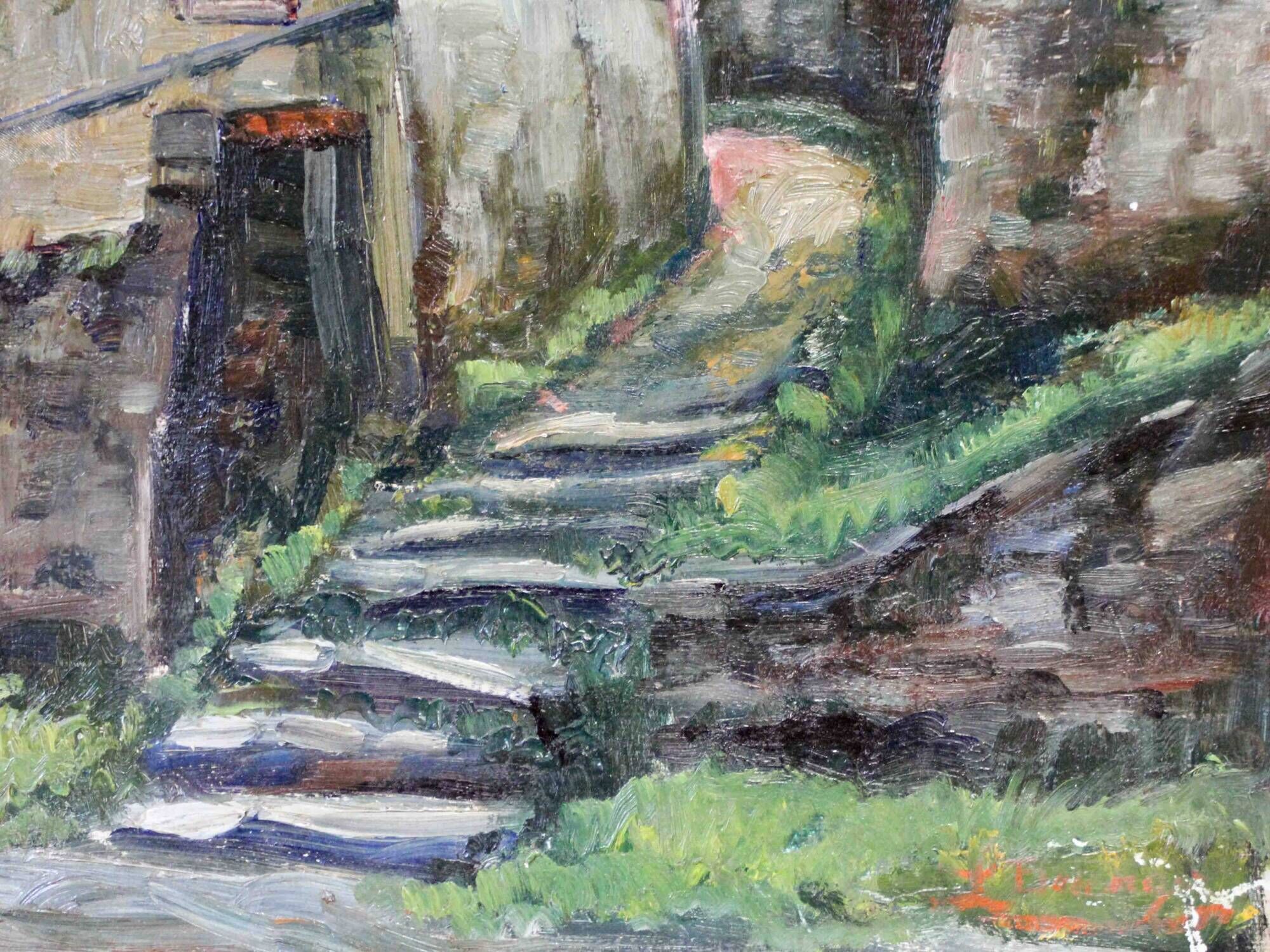 Oil on cardboard signed - View of a village