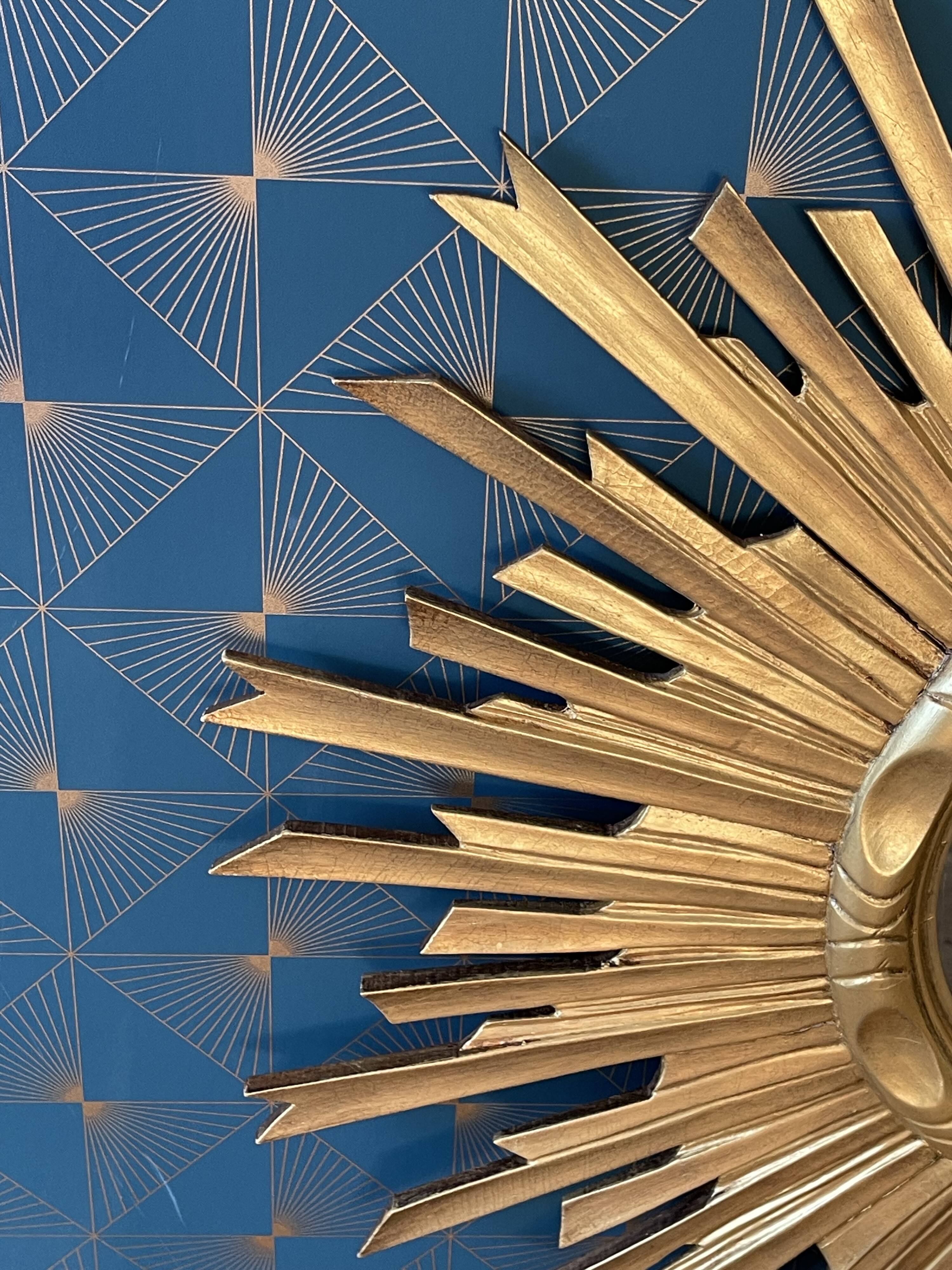 Old gilded wood sun mirror, 70 cm, mid-20th century