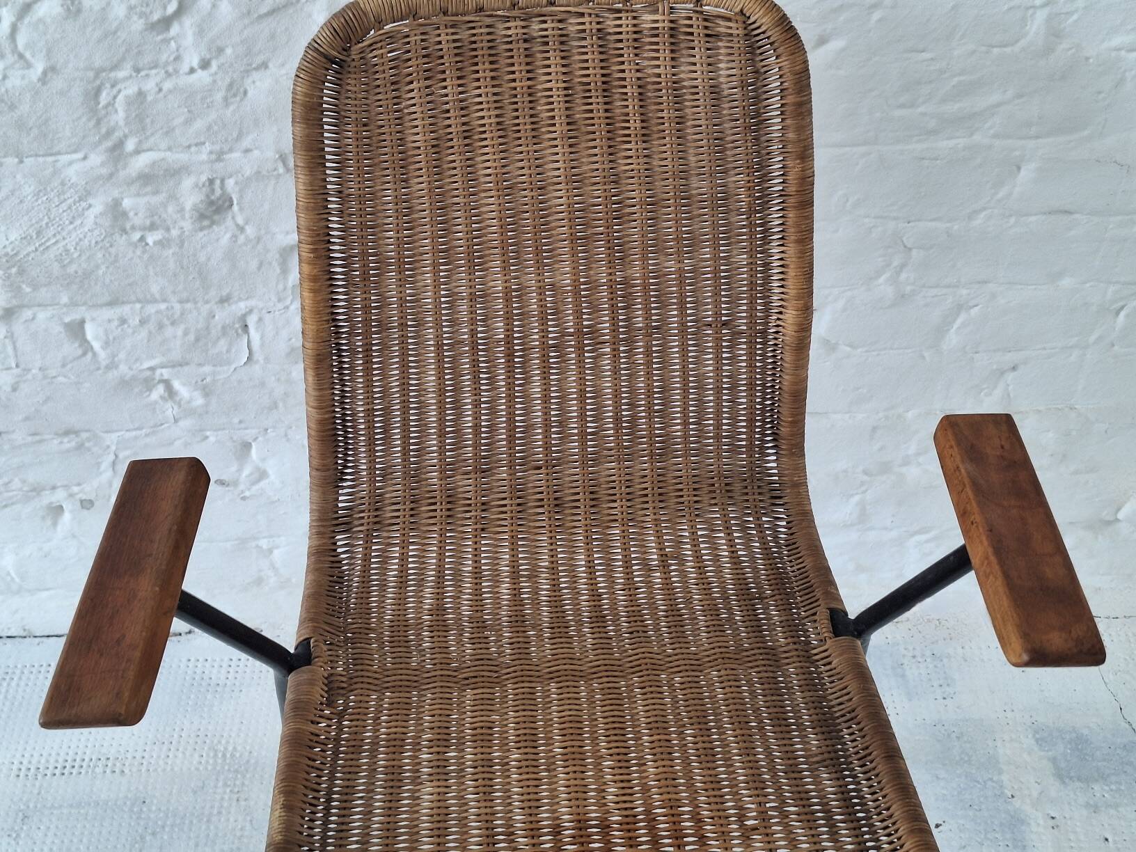 Pair of Swiss stackable rattan and iron dining elbow chairs, G Legler 1960s