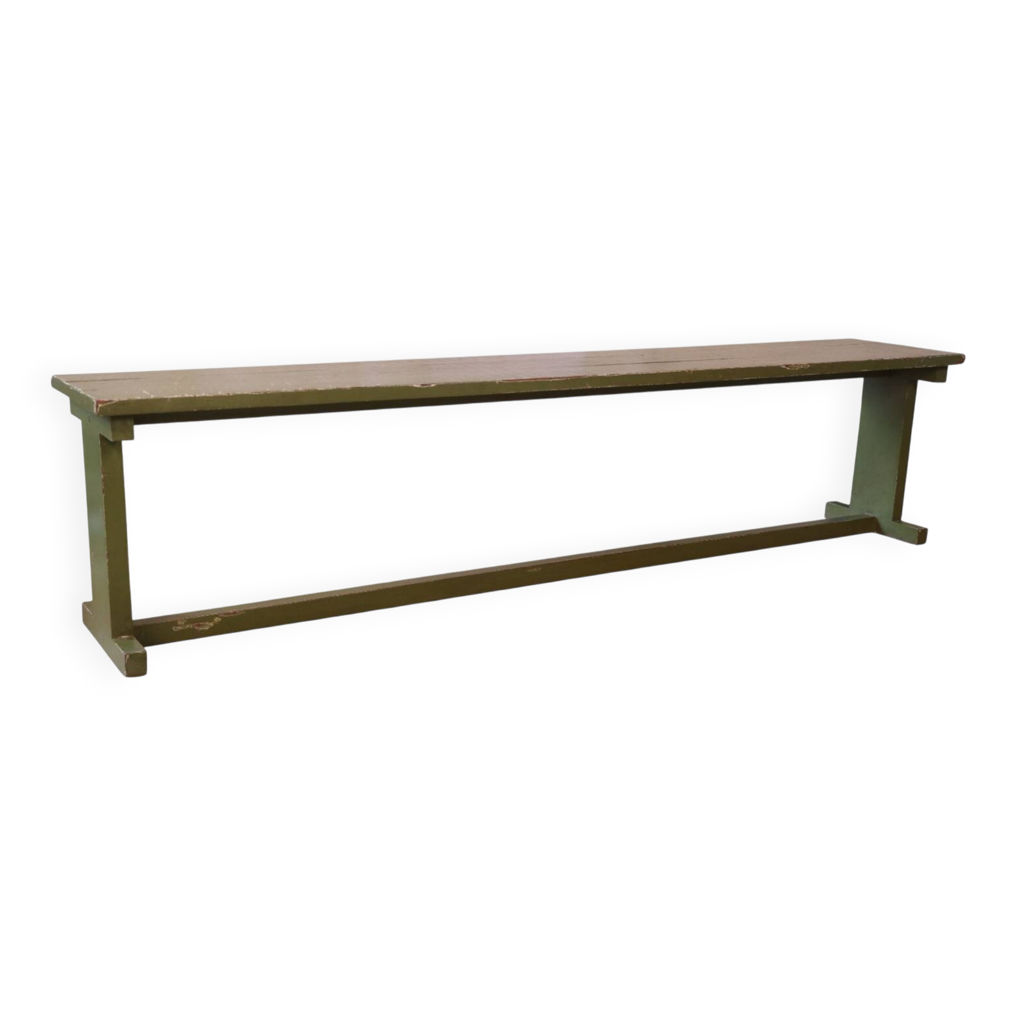 Antique Burmese teak bench with original green patina