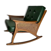 Rocking-chair en bois et cannage, années 1950