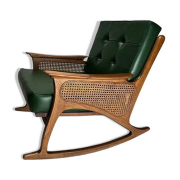 Rocking-chair en bois et cannage, années 1950
