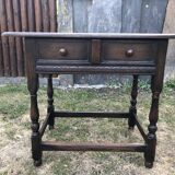 Vintage desk table in solid oak with 1 drawer facing turned legs with sleepers.
