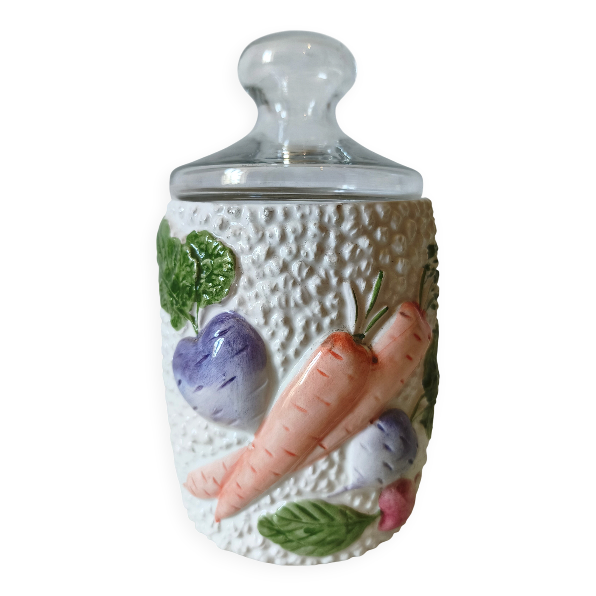 Old storage jar/sweet jar in majolica - vegetable decoration