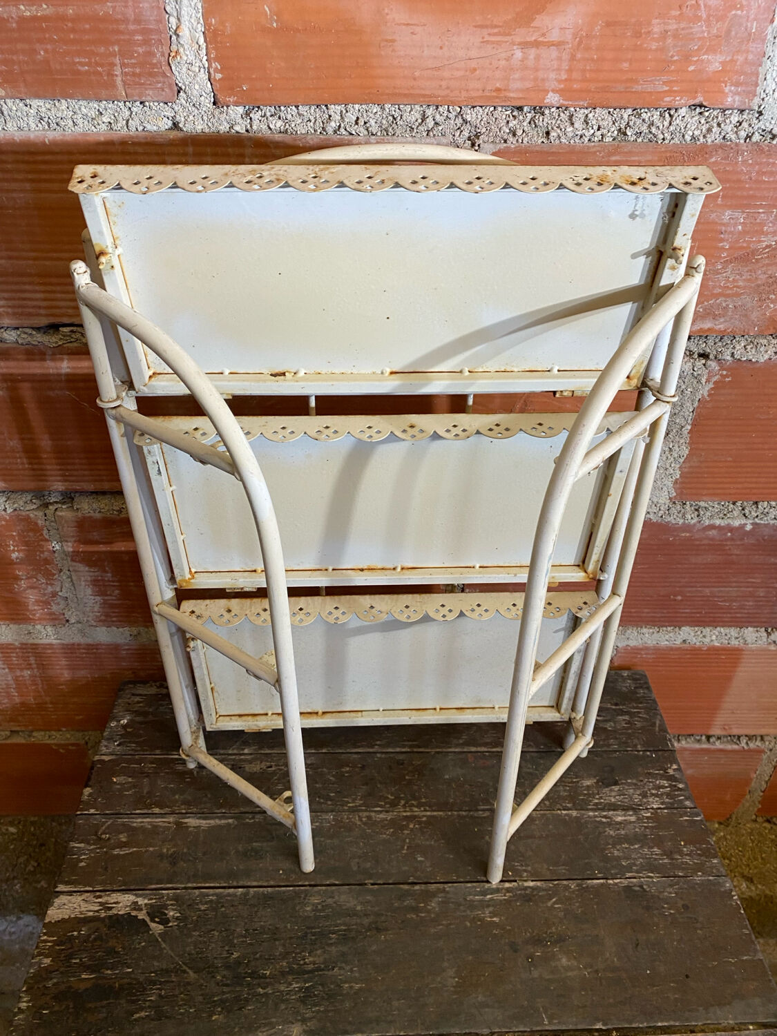 Vintage White Broken Metal Folding Shelf Unit 3 Tiers