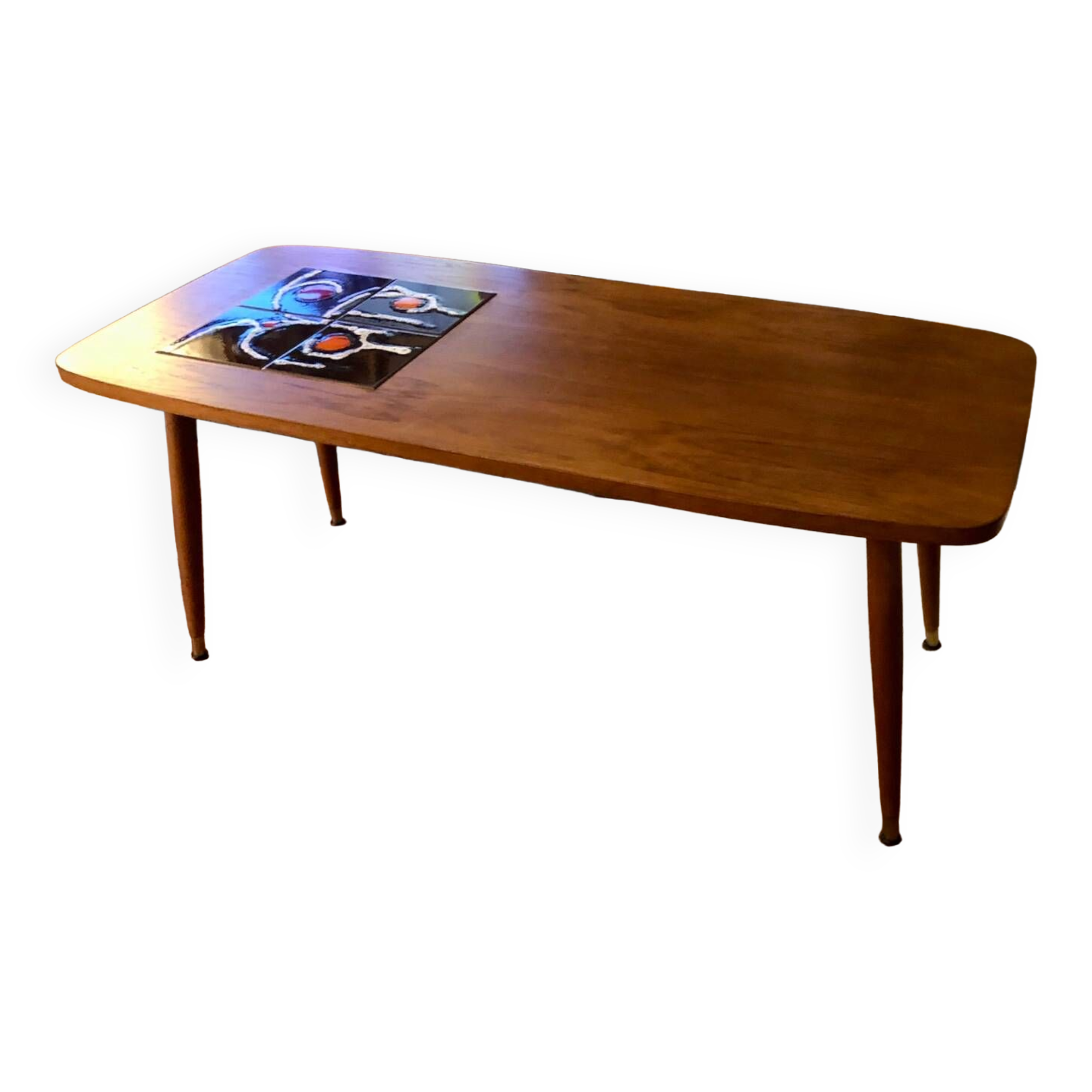 Wooden coffee table - compass legs & ceramic tiles from the 70s