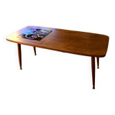 Table basse en bois - pieds compas & carreaux de céramique années 70