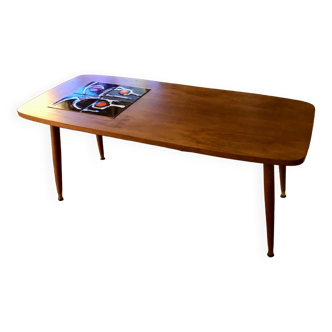 Table basse en bois - pieds compas & carreaux de céramique années 70