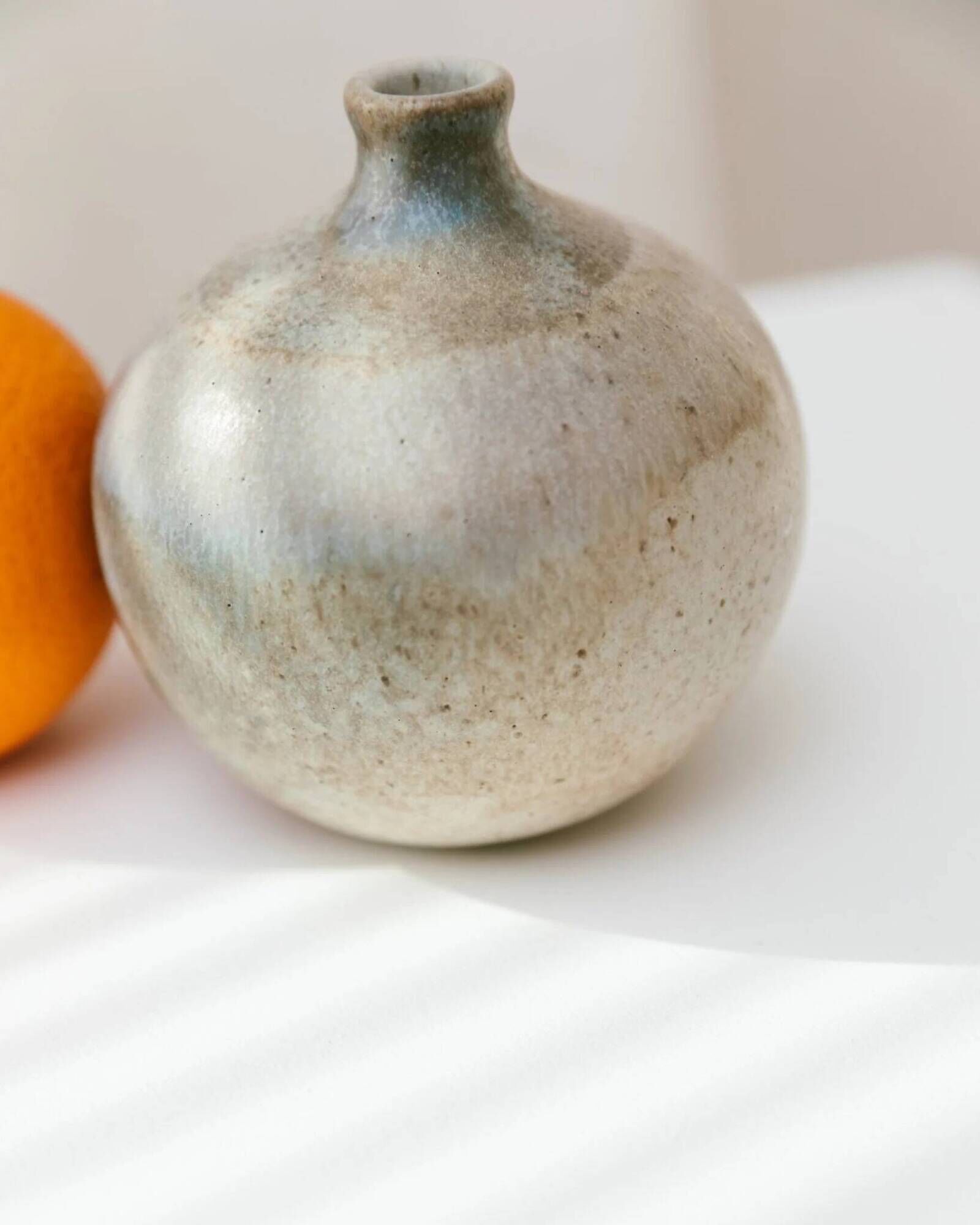 Beige Bernd Röter Studio Ceramic Vase by Clemenswerth Germany, Vintage Mid-Century with Green-Blue Glaze