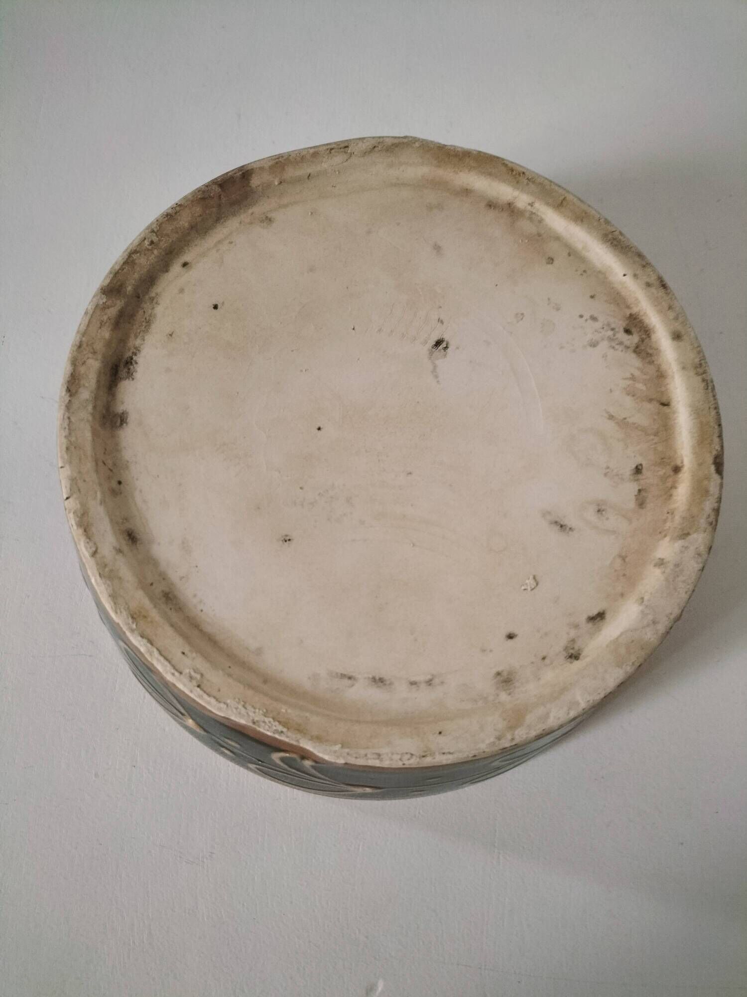 Vintage dish with black and ochre decoration and a speckled crackled interior – 1970s
