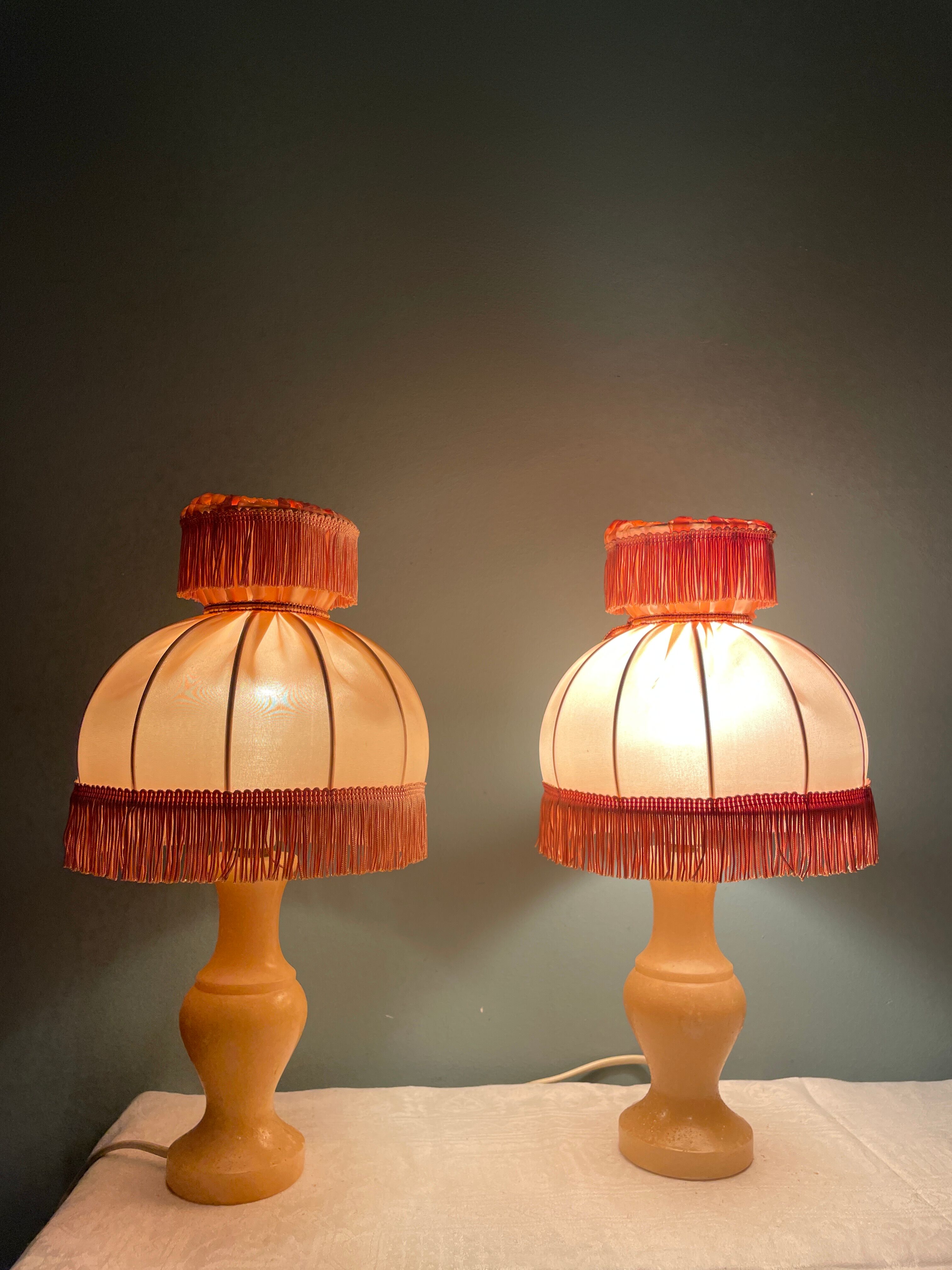 Pair of vintage bedside lamps with pink fringes