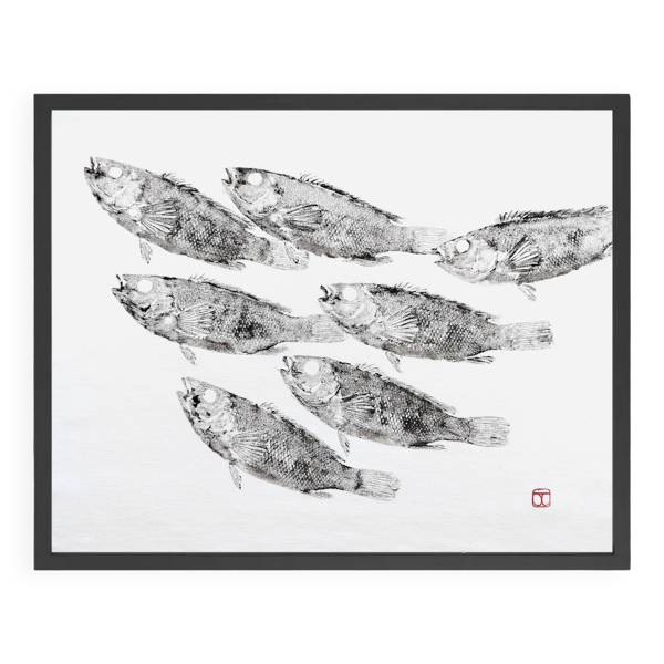 Estampe originale d'un banc de poissons