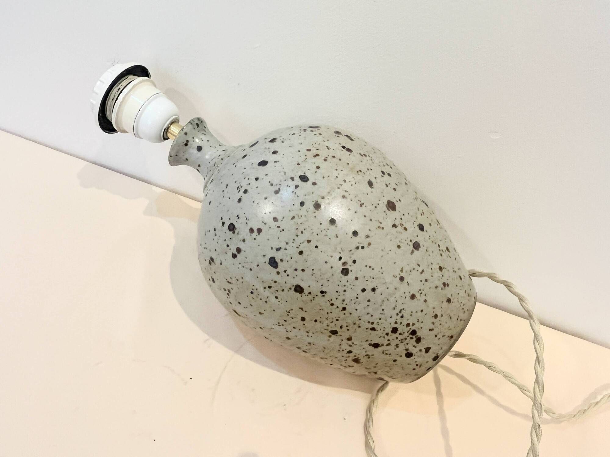 XXL Vintage Lamp Base in Beige Grey Stoneware with Raffia Lampshade 1970
