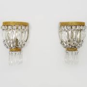 Pair of vintage bronze basket wall lights with glass pendants. The 50's