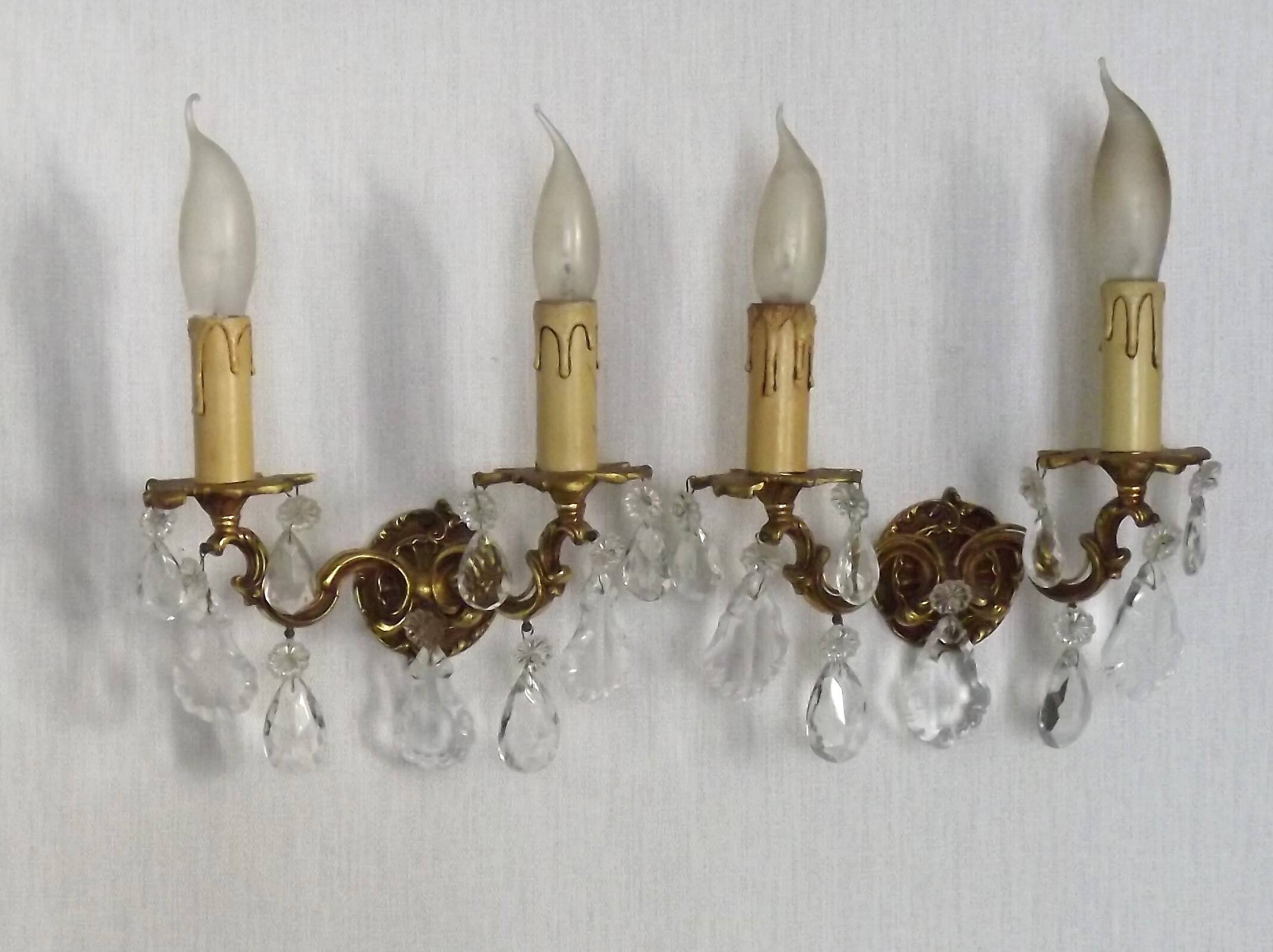 Pair of French Vintage Double Bronze Crystal Wall Lights with Acanthus Detail