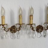 Pair of French Vintage Double Bronze Crystal Wall Lights with Acanthus Detail