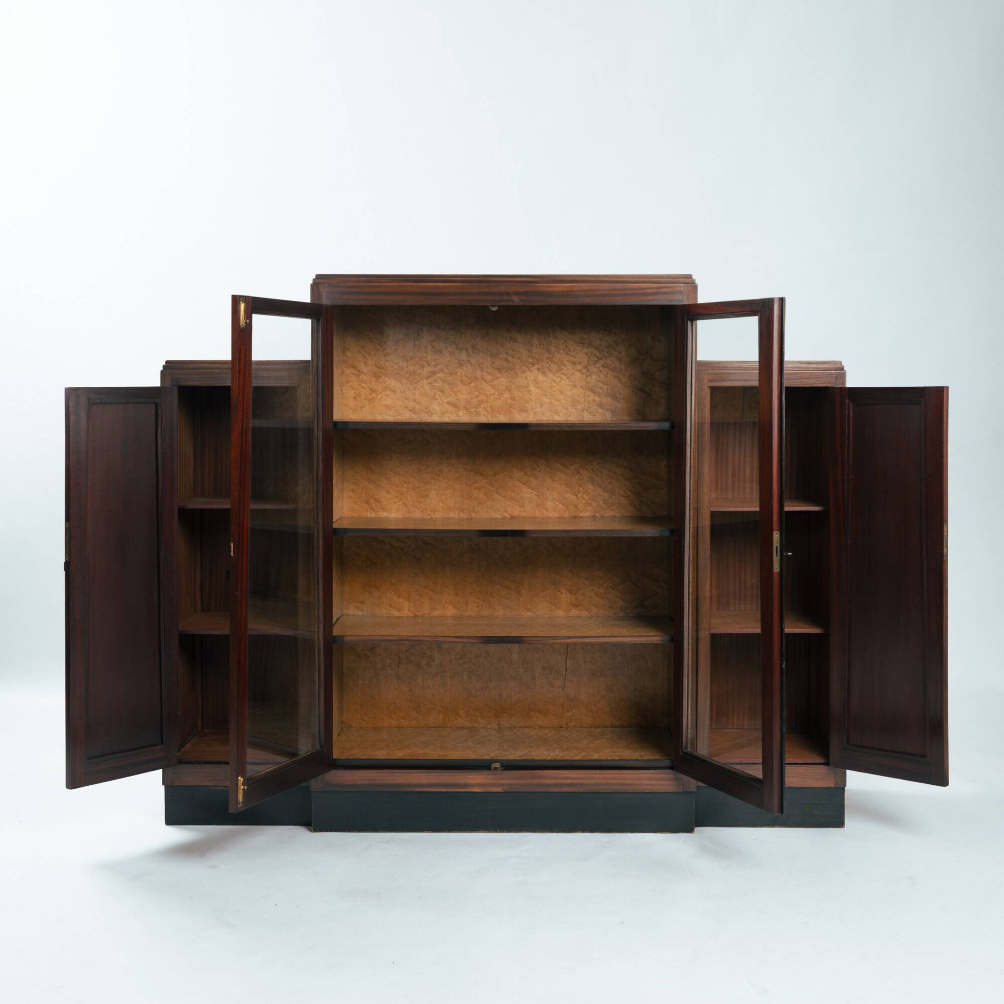 Art Deco walnut birdseye maple Amsterdam school cabinet with glass doors, 1930s