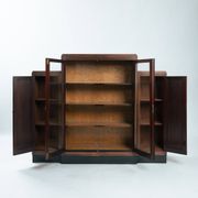 Art Deco walnut birdseye maple Amsterdam school cabinet with glass doors, 1930s