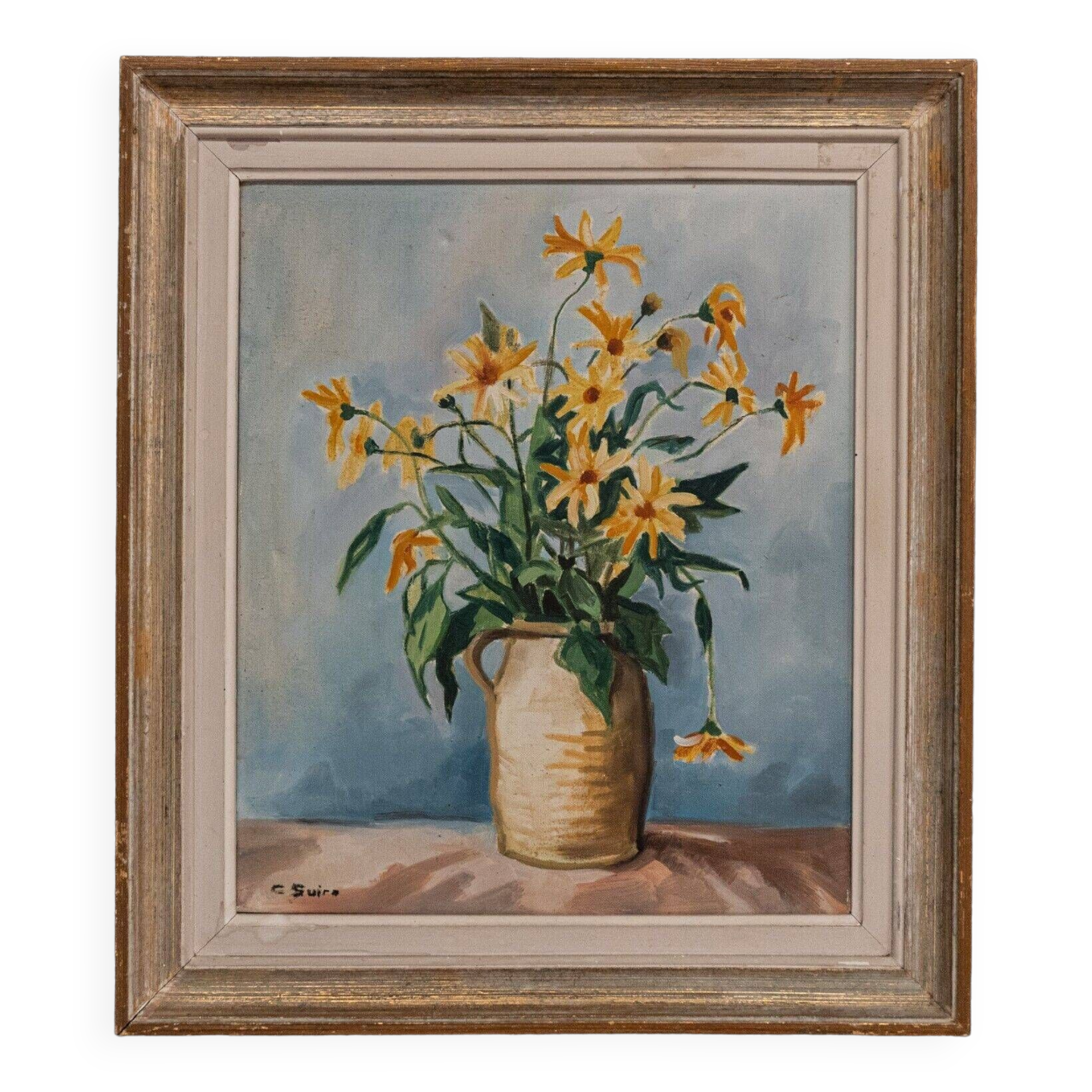 Oil on canvas by C. Suire bouquet of flowers 20th cerus frame