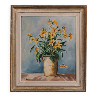 Huile sur toile par C. Suire bouquet de fleurs XXe cadre cérus