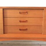 Mid-century teak enfilade, low Scandinavian sideboard from the 1960s with drawers and sliding doors.
