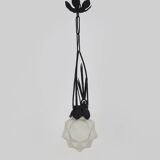 Chandelier, Art Deco suspension in wrought iron and star globe in glass paste.