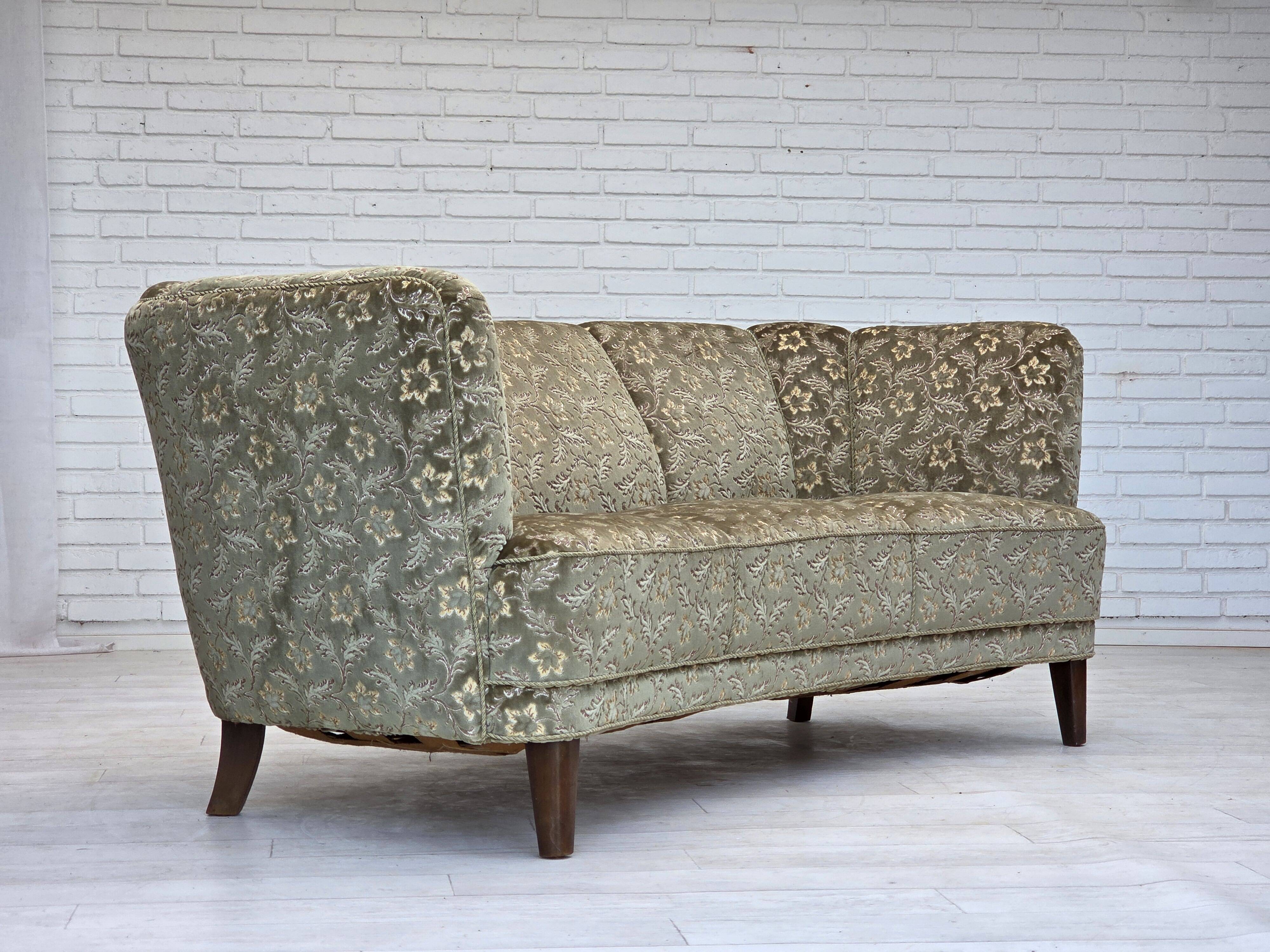 1960s, Danish 3-seater curved sofa, furniture velour, beech wood legs.