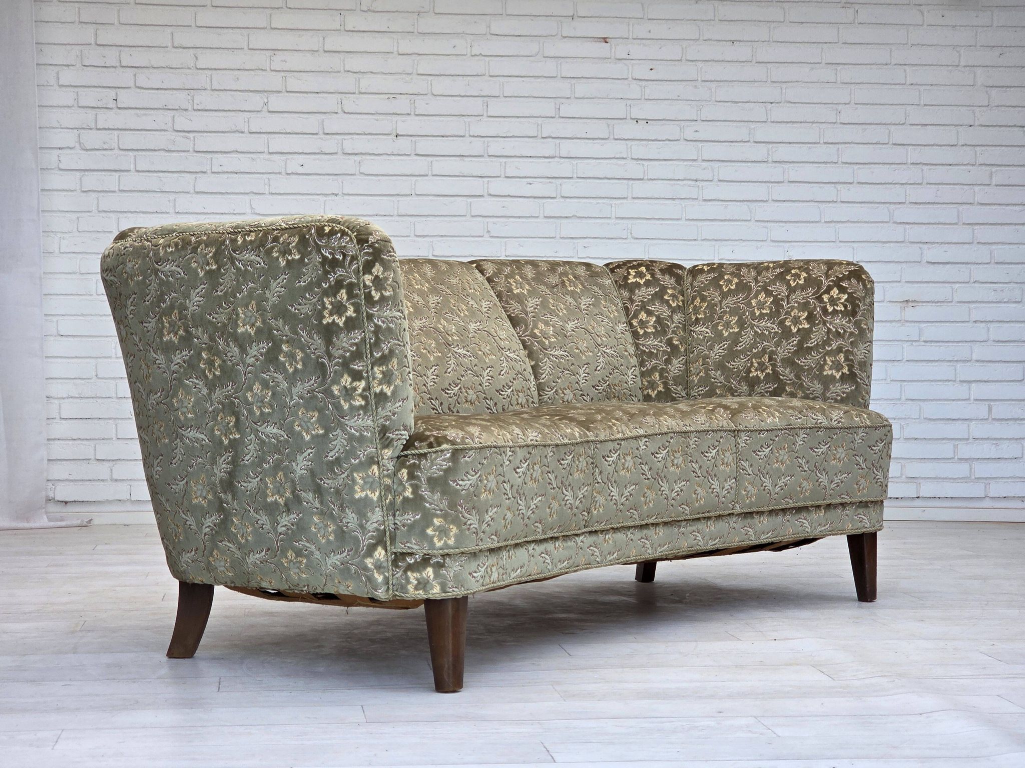 1960s, Danish 3-seater curved sofa, furniture velour, beech wood legs.