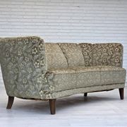 1960s, Danish 3-seater curved sofa, furniture velour, beech wood legs.
