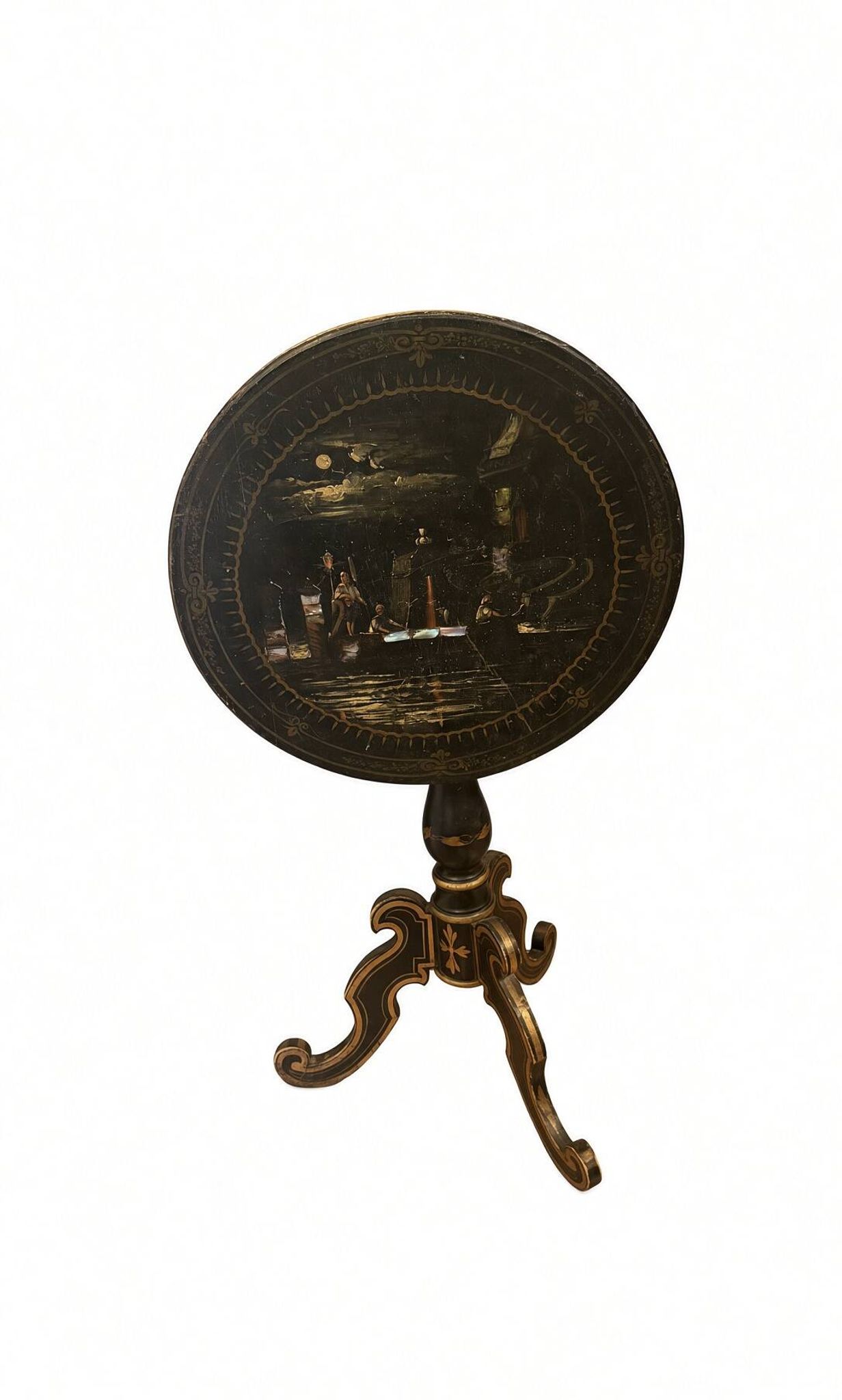 Tilting gueridon Napoleon III; Venetian scene in moonlight; D50cm