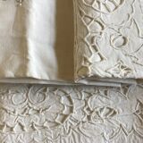 Pair of sets of chateau drape and taie 1 person 19th in embroidered linen thread Richelieu