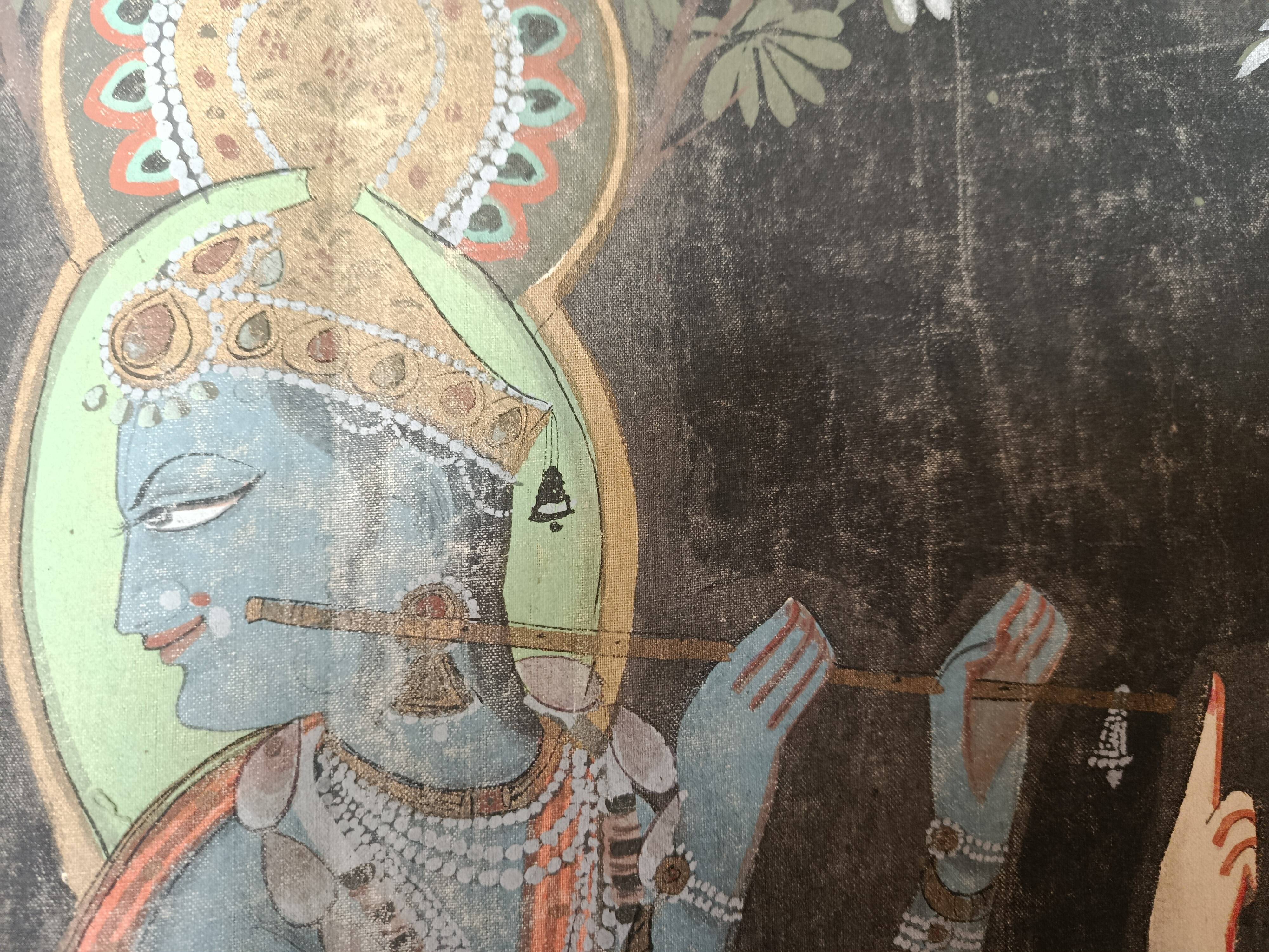 INDIA PICHWAI painting on silk KRISHNA RADHA GOPIS, Kanera Rajasthan mid 20th century