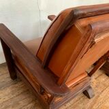 PAIR OF BRUTALIST ARMCHAIRS IN TEAK AND VINTAGE COGNAC LEATHER FROM THE 1950S