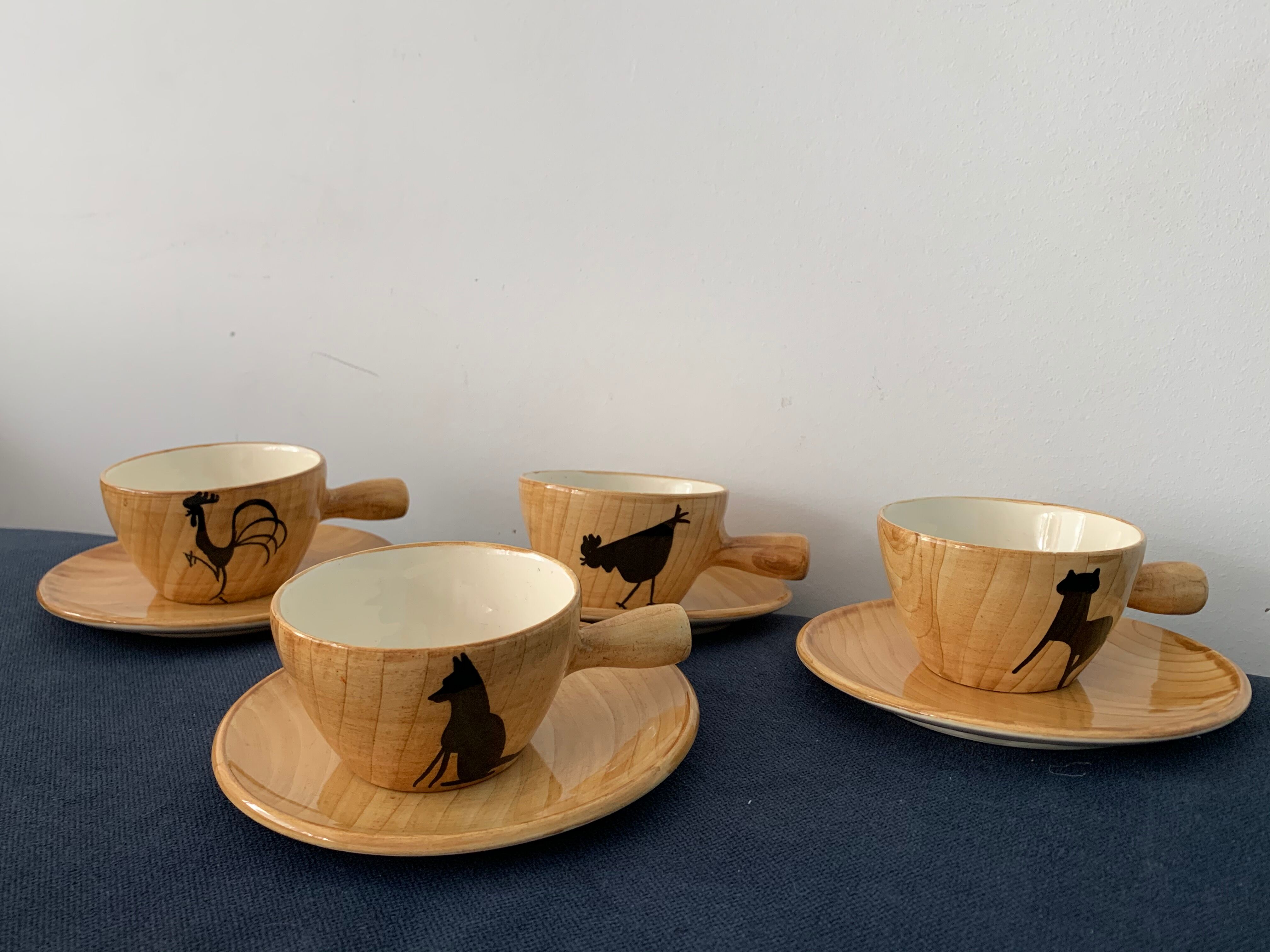 4 coffee cups and 4 sub cups zoomorphic ceramic animals Grandjean Jourdan Vallauris 1950