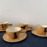 4 coffee cups and 4 sub cups zoomorphic ceramic animals Grandjean Jourdan Vallauris 1950